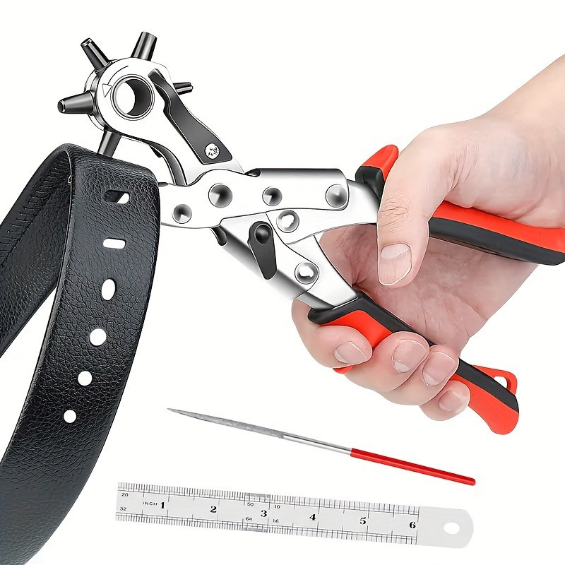 

Carbon Steel Leather Hole Punch Plier With Revolving Head, Multi-size Puncher For Belts, Straps, Eyelets - 1 Piece Rotary Punch Tool With Comfort Grip Handle