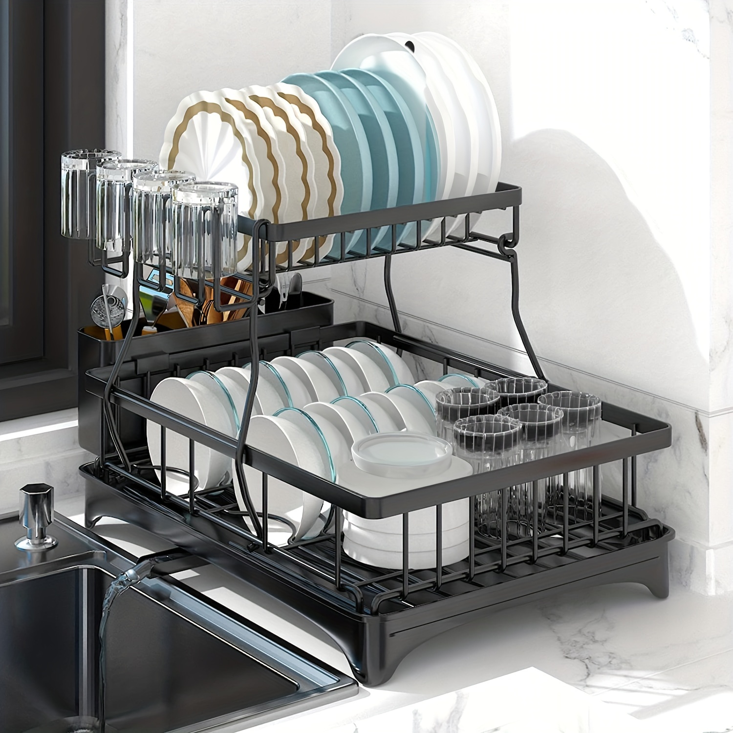 GSlife Dish Drying Rack with Drainboard - Large 2 Tier Dish Rack with 12  Plate Slot, Dish Racks for Kitchen Counter with Utensil Holder Cup Holders