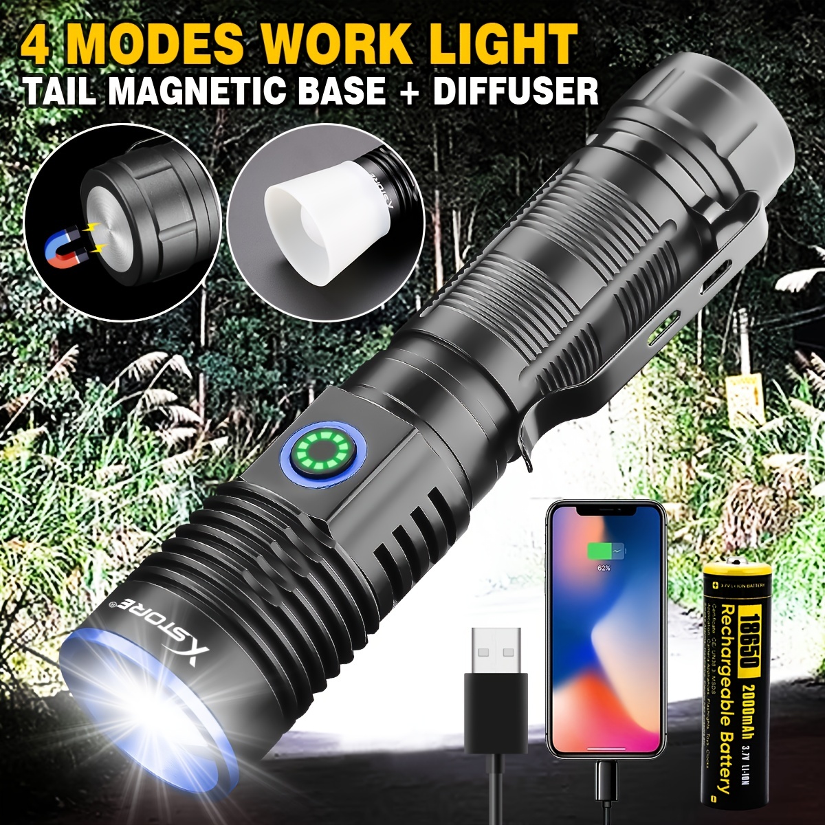 T6 LED Flashlight USB Rechargeable Waterproof Lamp 18650 Lantern and Tail  Magnet