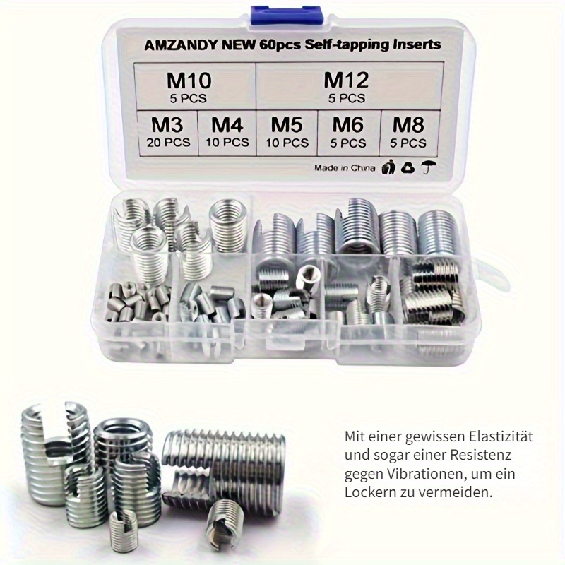 60 teiliges Edelstahl Gewinde Reparatur Set M3 M4 M5 M6 M8 M10 M12 Drahteinsatz Schraubhülse, Metrische Einsätze, Mantel, Typ Sortiment, Schrauben, Spiralförmig, Gewickelt