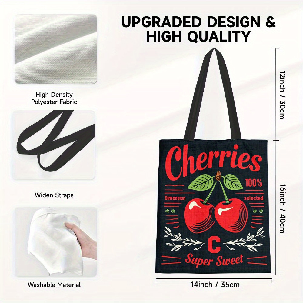 TEMU 1pc Modern Cherries Graphic Print Tote Bag - Stylish Black Polyester Shoulder Bag With Red Cherries Design, Reusable & Multi-functional For