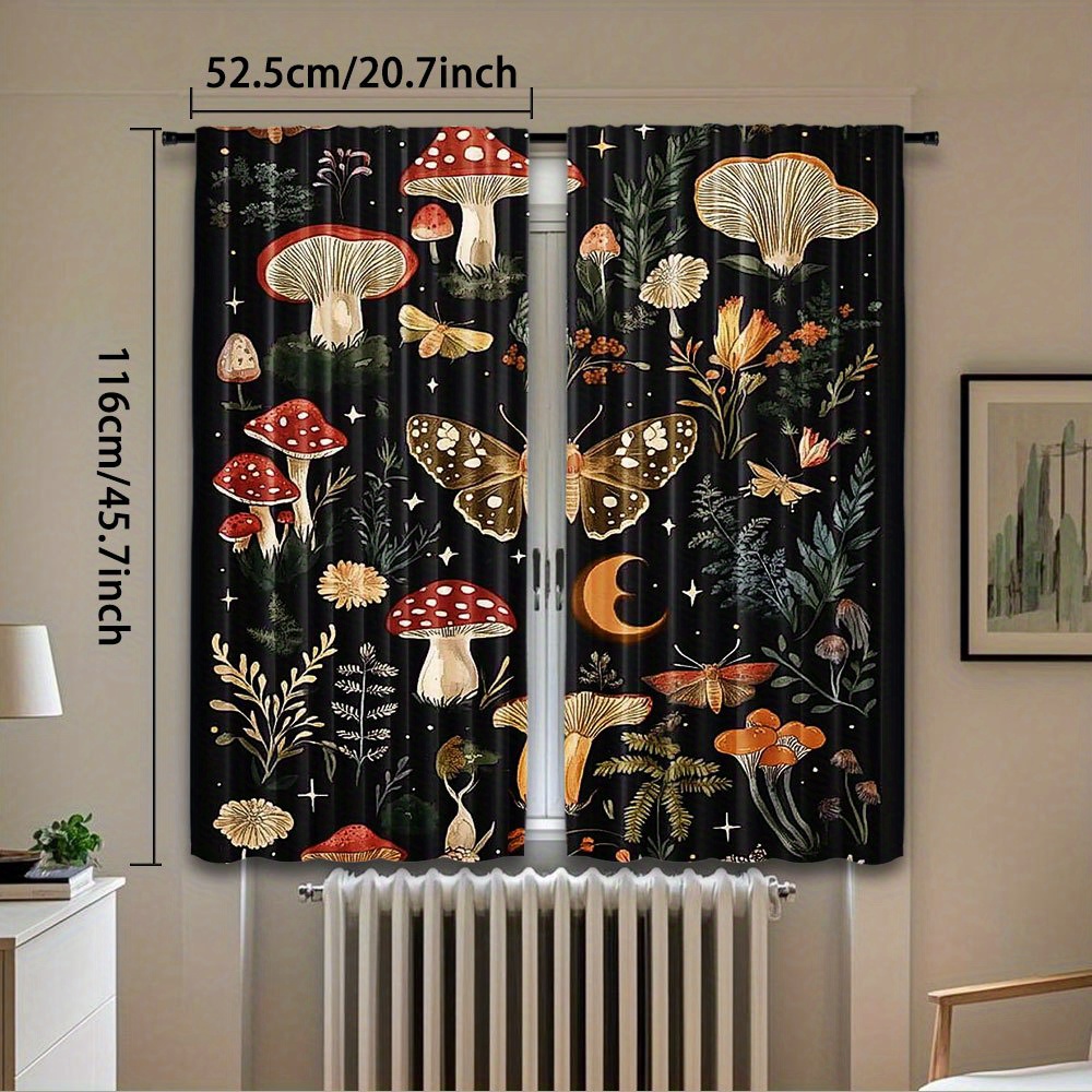 TEMU 2pcs Rideaux En Polyester Imprimés Vintage Et Lune - Poche À Tige, Filtrage de , Soins Faciles, Idéal Pour La Décoration de de Salon, Chambre,