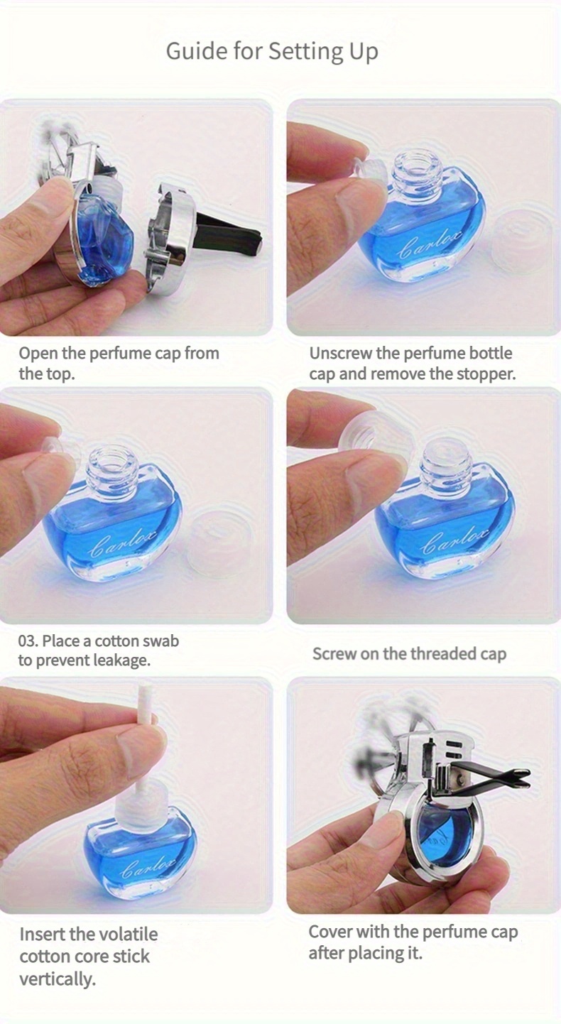 car air freshener empty bottle   fitted with a 6 blade fan that rotates at the air conditioning vent suitable for high end mini fragrance   containers labeled no fragrance for automotive use without battery Product details 6