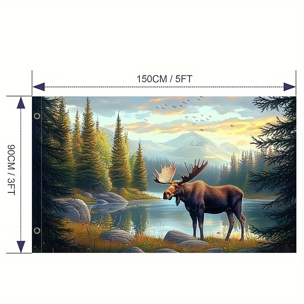 TEMU 2d Flat, 1pc Moose Wildlife Welcome Flag - Vibrant Polyester Outdoor Decor With Forest & , Home, Garden, Parties, And (no Pole Included), Moose