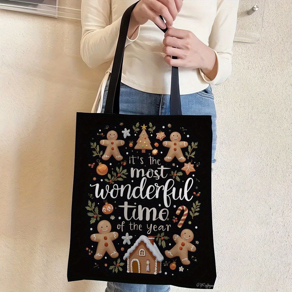 TEMU 1pc 1pcs Double-sided Gingerbread Men Tote Bag Suitable For Men's & Women's, Lightweight Reusable Bag With Print, Unlined Durable Shopping Bag