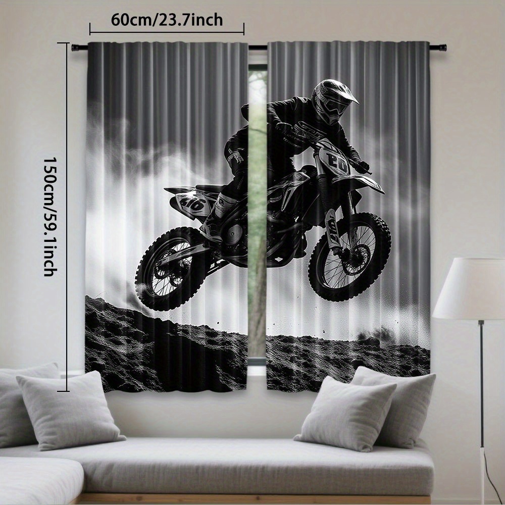 TEMU 2pcs Print Curtains - Light Filtering Polyester Rod , Contemporary Style For Living Room, Bedroom, Office Decor, Use, Motorcycle Decor