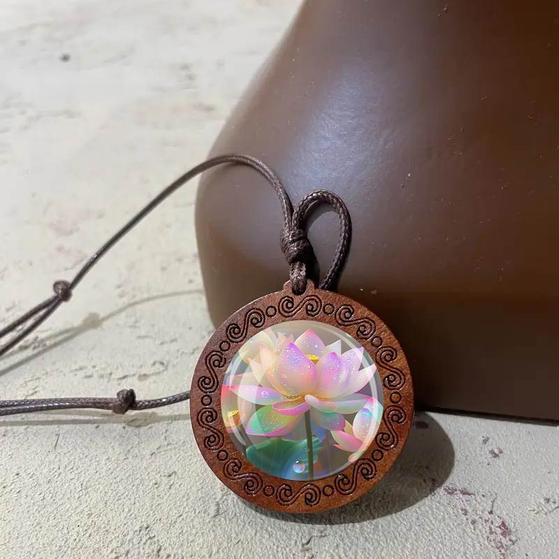 Boho Chic Wooden Pendant Necklace with Lotus & Butterfly
