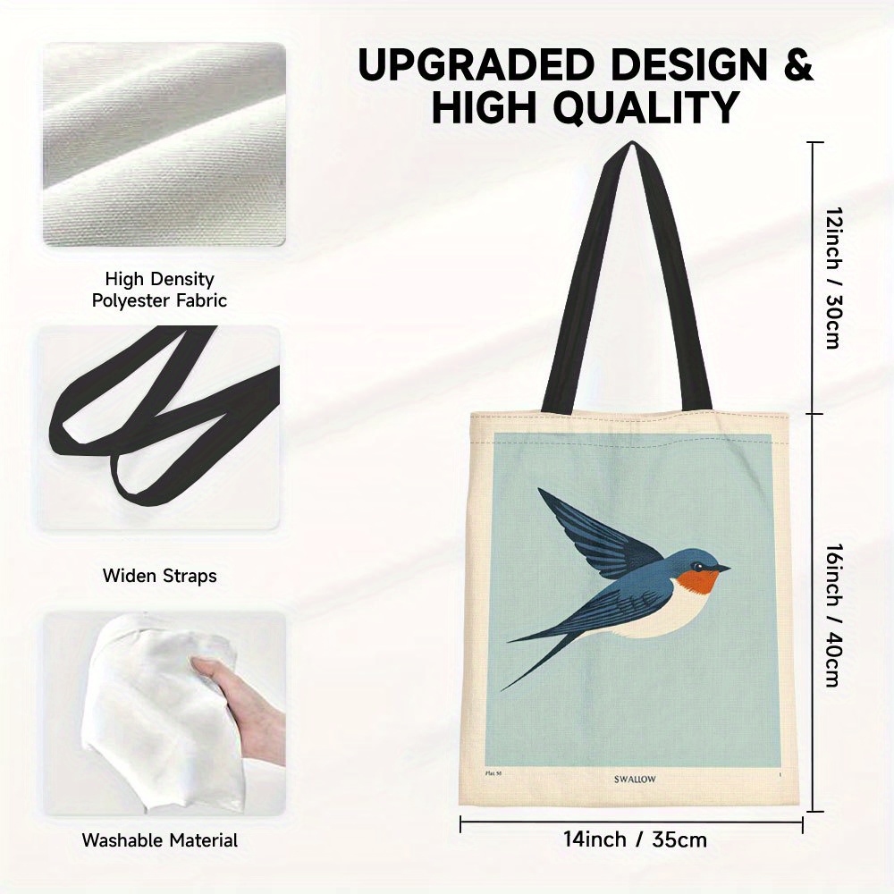 TEMU 1pc Vintage Swallow Design Double-sided Canvas Tote Bag For Women - Reusable Grocery Shopper, Ideal For Travel & Everyday Use, Great Gift For ,