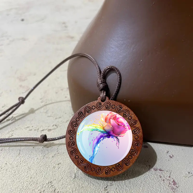 Rainbow Rose Water Flower Wooden Pendant Necklace, Adjustable Cord