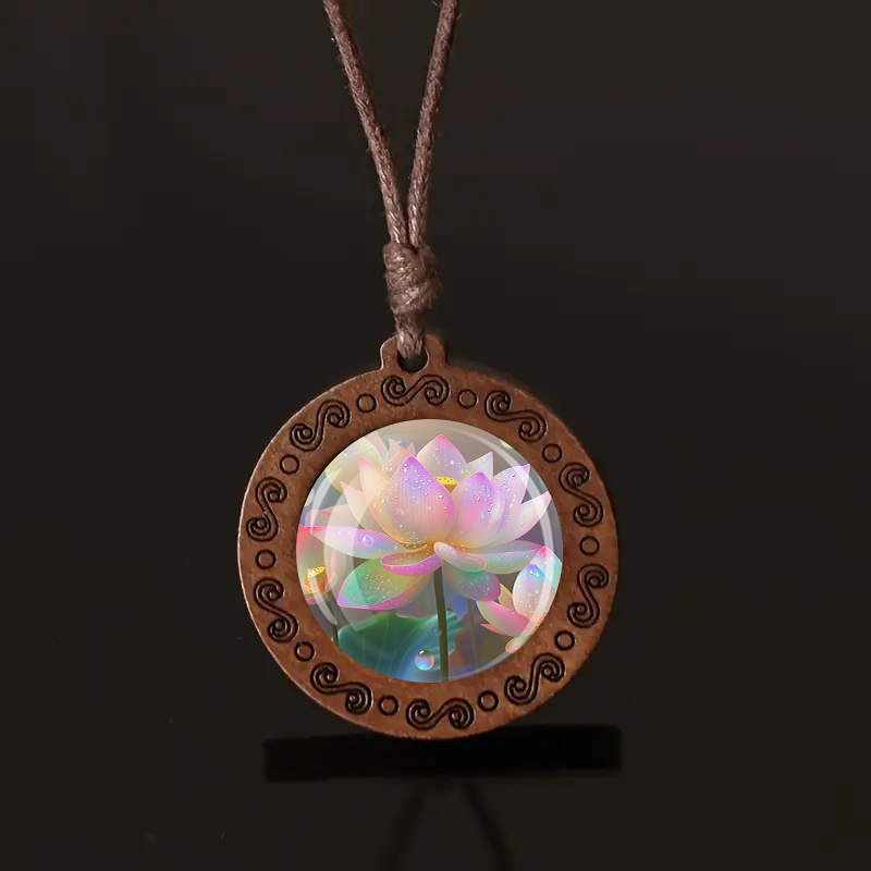 Boho Chic Wooden Pendant Necklace with Lotus & Butterfly