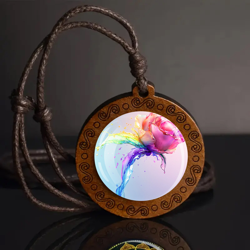 Rainbow Rose Water Flower Wooden Pendant Necklace, Adjustable Cord