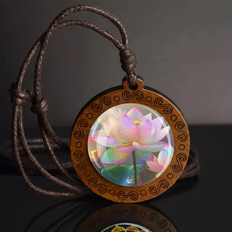 Boho Chic Wooden Pendant Necklace with Lotus & Butterfly
