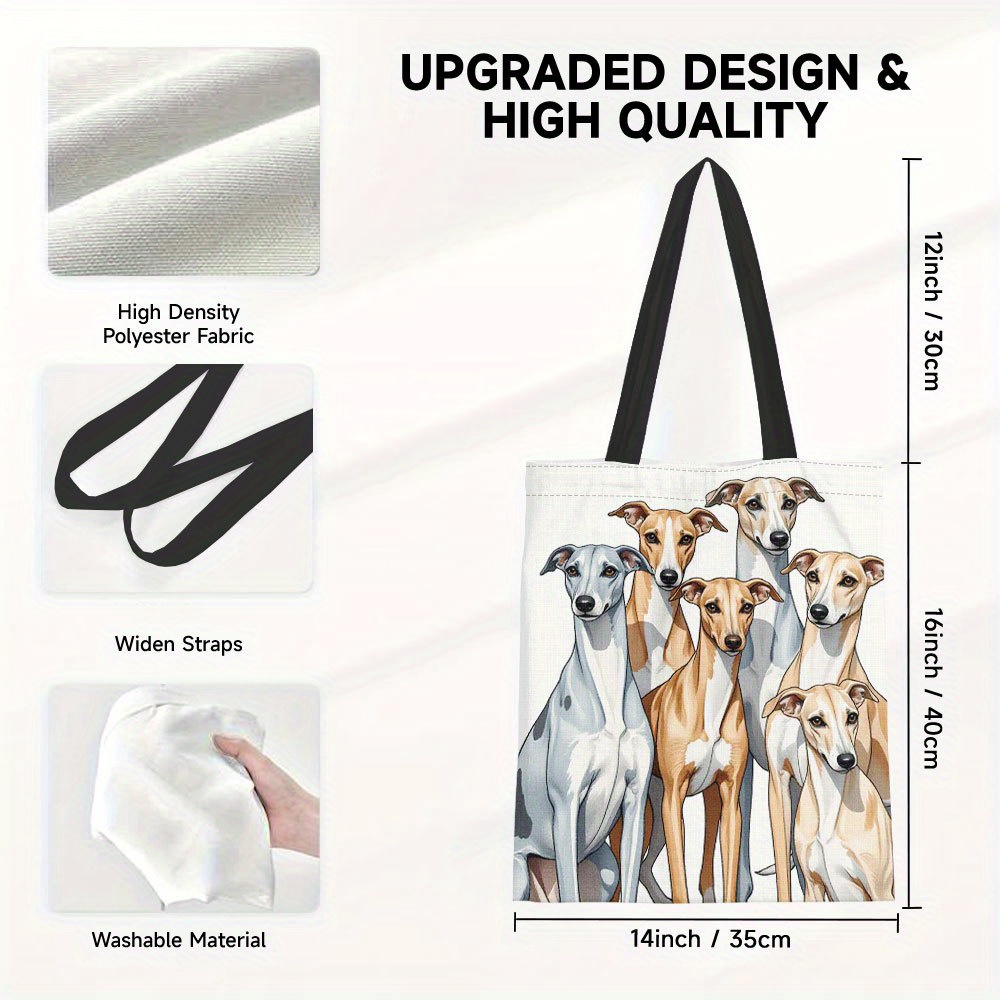 TEMU 1pc Trendy Women's Tote Bag With Greyhound & Whippet Dog Print - Large Capacity Reusable Grocery Bag, Durable Polyester, Stylish Shoulder Straps