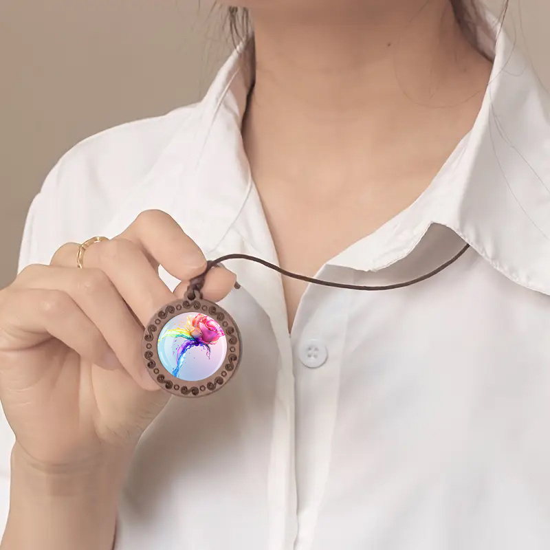 Rainbow Rose Water Flower Wooden Pendant Necklace, Adjustable Cord