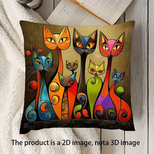 item picture 2pcs vibrant design throw pillow covers soft polyester colorful illustration zipper closure machine washable ideal for living room bedroom sofa decor perfect gift for cat lovers cat deco