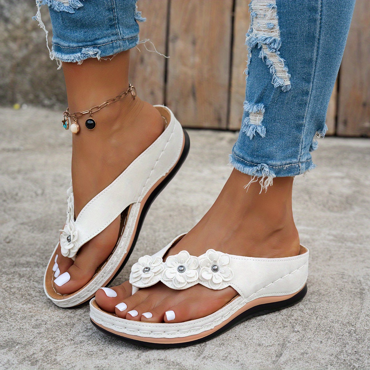 Women's Retro Floral Wedge Sandals Slip-On Heel Flip Flops with PU  Sole, Synthetic Upper Ankle Strap, Hand Washable Casual Summer F