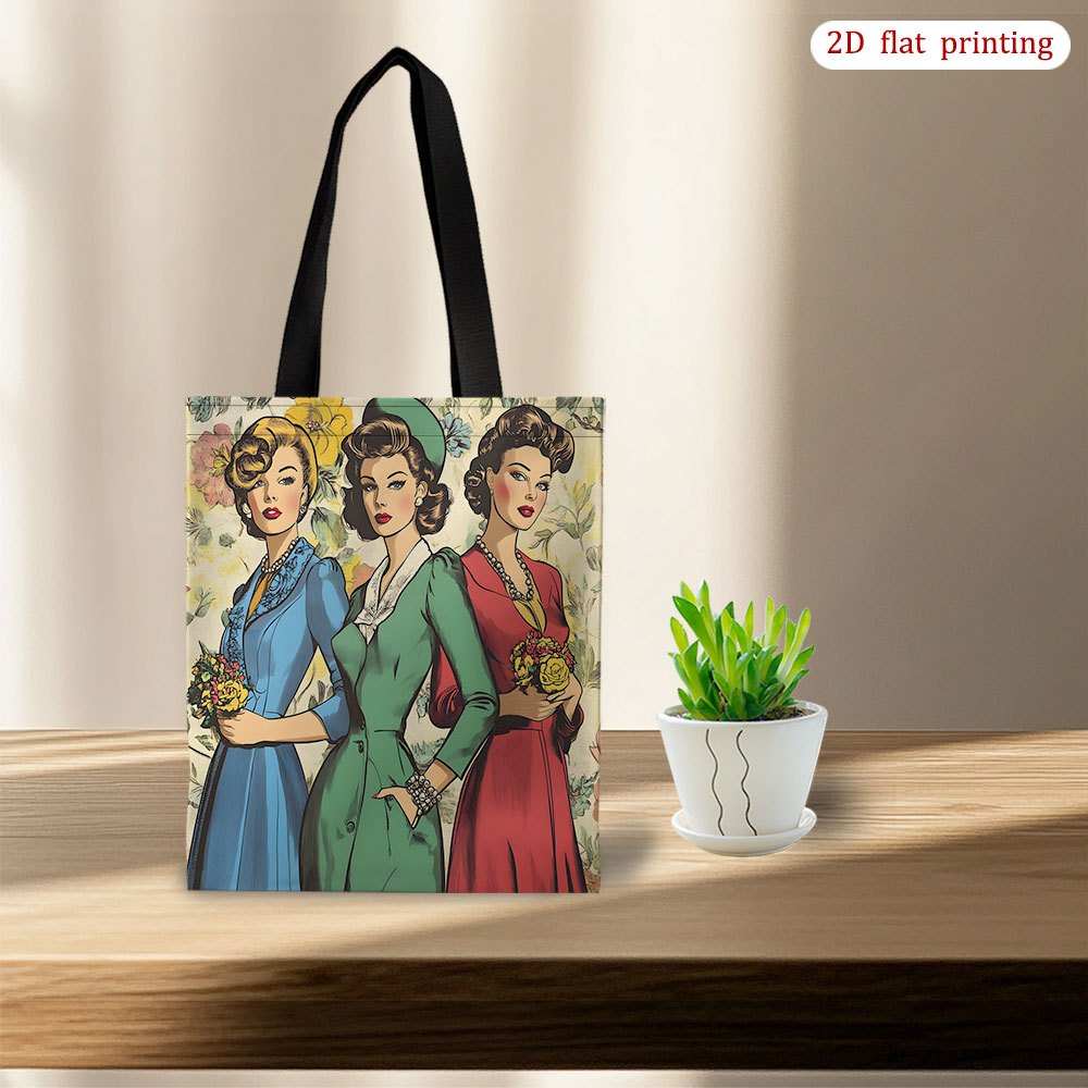 TEMU 1pc [2d Flat Printing] Chic Retro Oil Painting Tote Bag - Multi Functional Handbag Portable Shopping Bag & Durable,ideal For