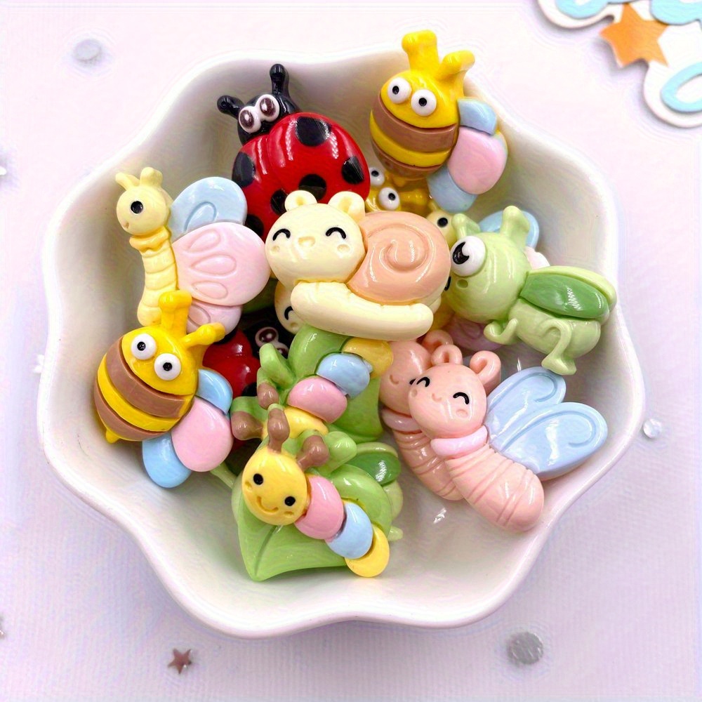 TEMU 10pcs Colorful Resin Insect Figurines - Cartoon For Caterpillar, Bee, Grasshopper, , , Snail - Flat Back Accessories For Diy Scrapbooking, Bow