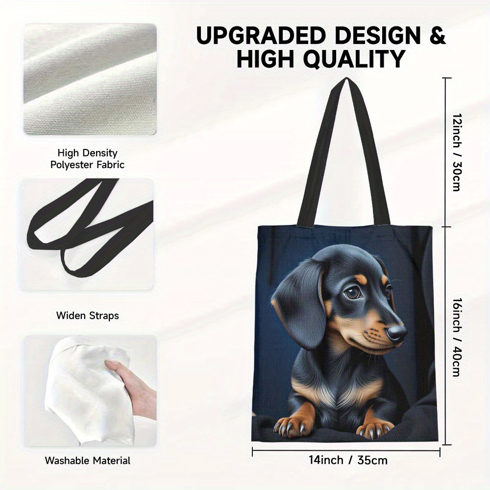 TEMU 1pc Stylish Dachshund Print Bag For Women - Reusable Foldable Grocery Bag With Fixed Straps, Spacious Durable Polyester Design For Beach,