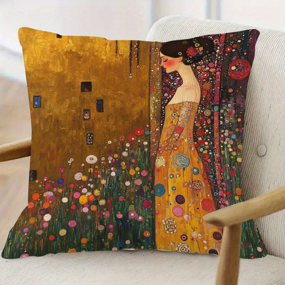 TEMU 1 Klimt-style Single-sided Plush Decorative Pillow Cover, 18x18 Inches, With And , Made Of Soft Polyester, Featuring A Zipper Closure, Hand Wash