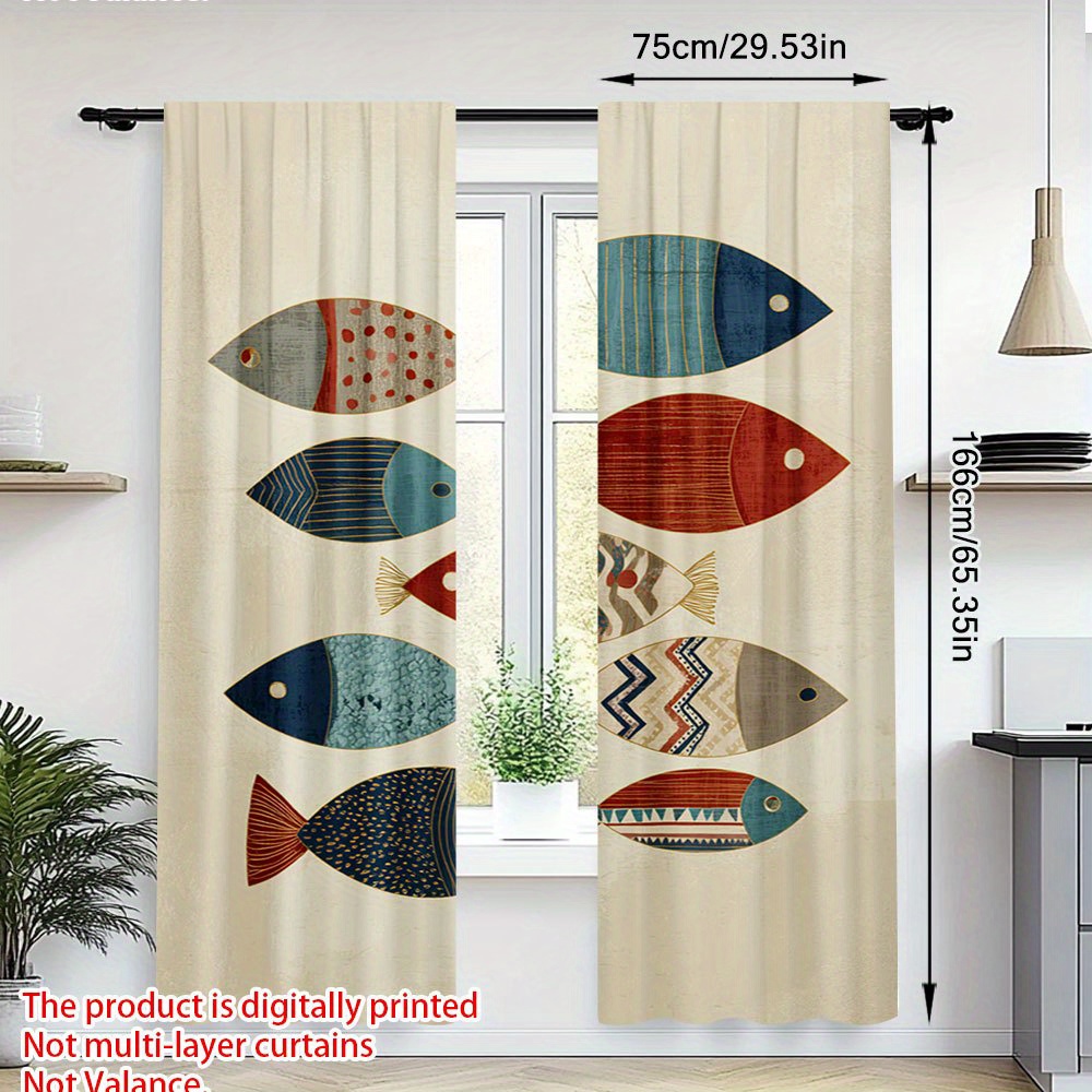 TEMU 2pcs Contemporary Fish Collage Door Curtains - Semi-transparent Rod Pocket, 100% Polyester Machine Washable, Vibrant For Living Room, Bedroom,