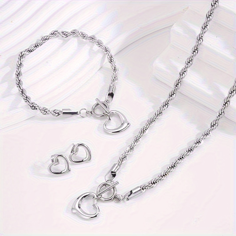 TEMU 4pcs 201 201 201 201 Stainless Steel Twisted Chain Heart Necklace Bracelet Jewelry Set  Wear And Party Fashionable Additions For All