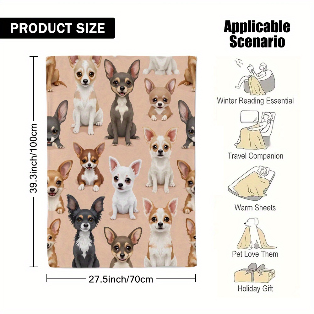 TEMU 1pc Vintage Watercolor Chihuahuas Pattern Flannel Blanket - Bed Throw, Machine Washable Soft Lightweight Blanket For Women, Pet Lovers Home Decor, Cute Blanket, Design, Smooth Texture, 2d Flat