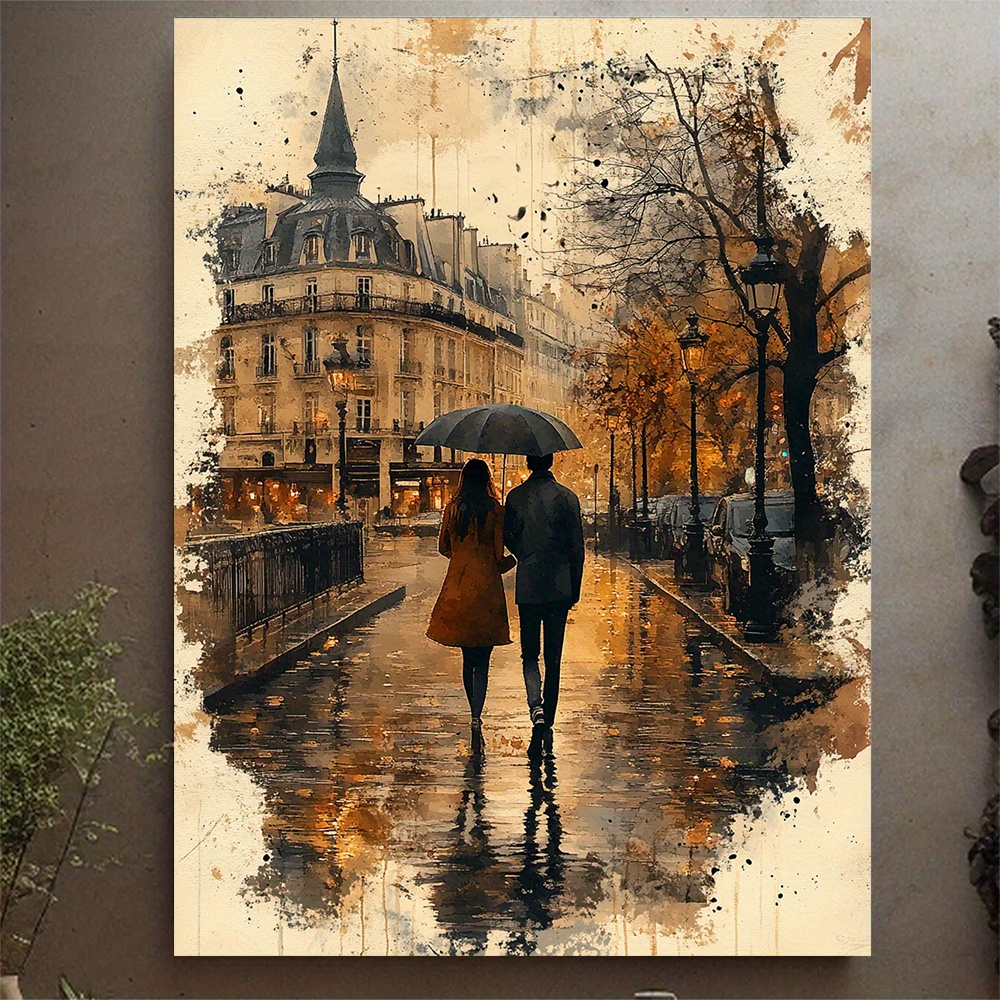 TEMU 1pc, With Frame, 12x16inch [2d Flat] Downtown Paris Watercolor, Couple , Colors, Living Room Decor, Guest Bedroom Decor, 2d Flat
