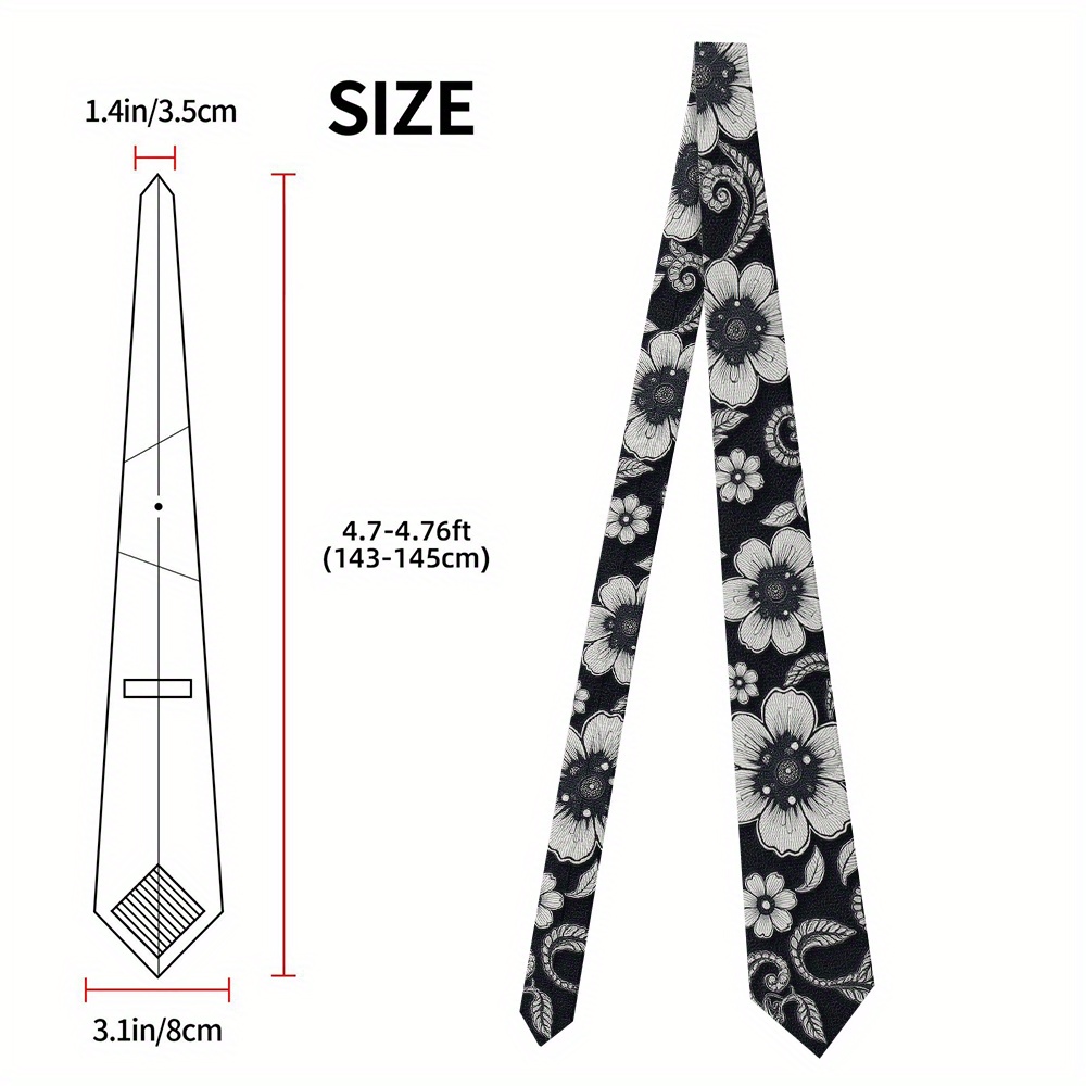 TEMU 1pc Unisex Floral Tie For - Black & White Lace With Print, Easy-clean Polyester, Perfect For Family Gatherings, Holidays & Casual Attire