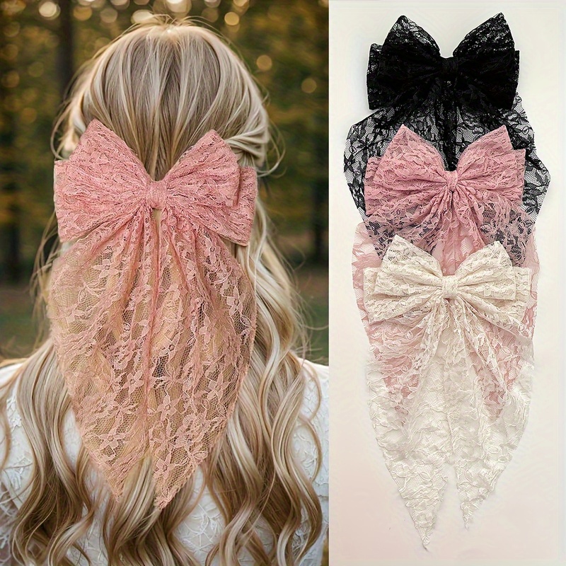 3pcs elegant lace bow hair clips for women - black, pink  display picture 1