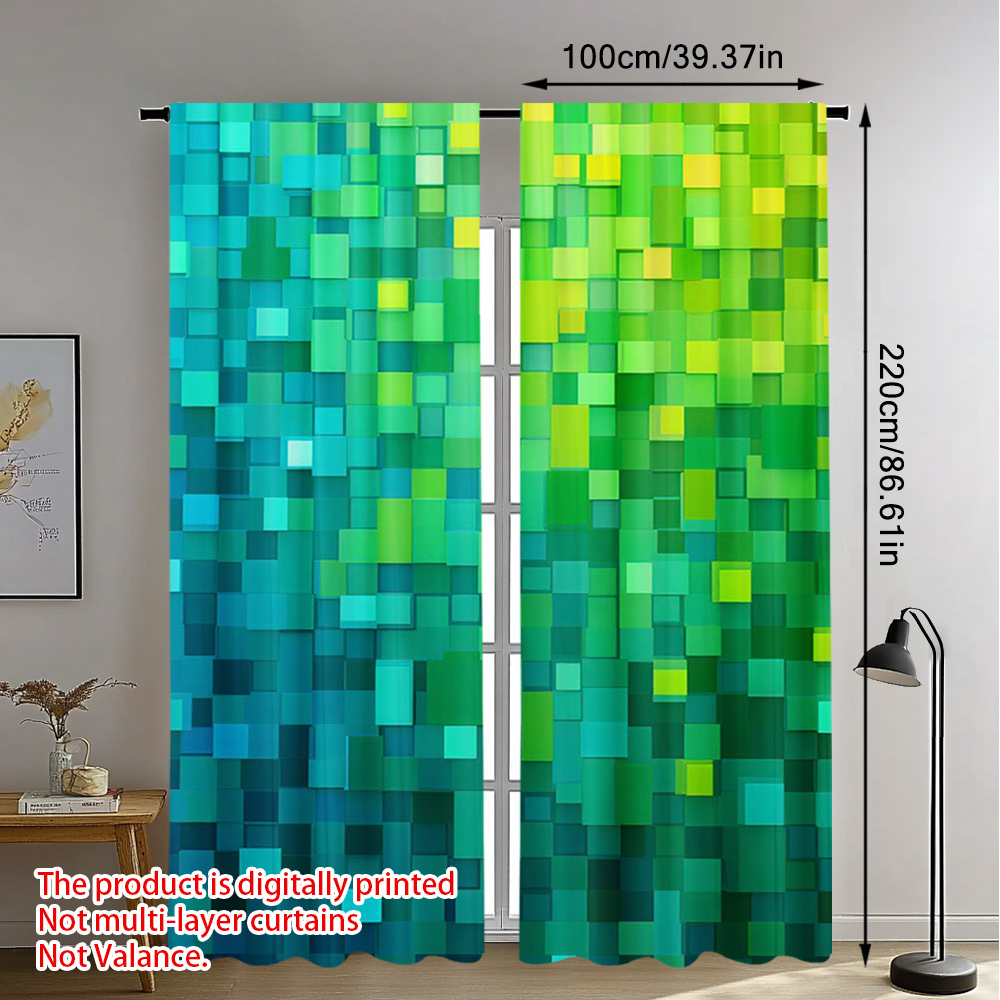 TEMU 2pcs Green Pixel Grid Printed Doorway Curtains - Semi-sheer Polyester With 2d Flat Printing, Pole (no Poles Included), Machine Washable For