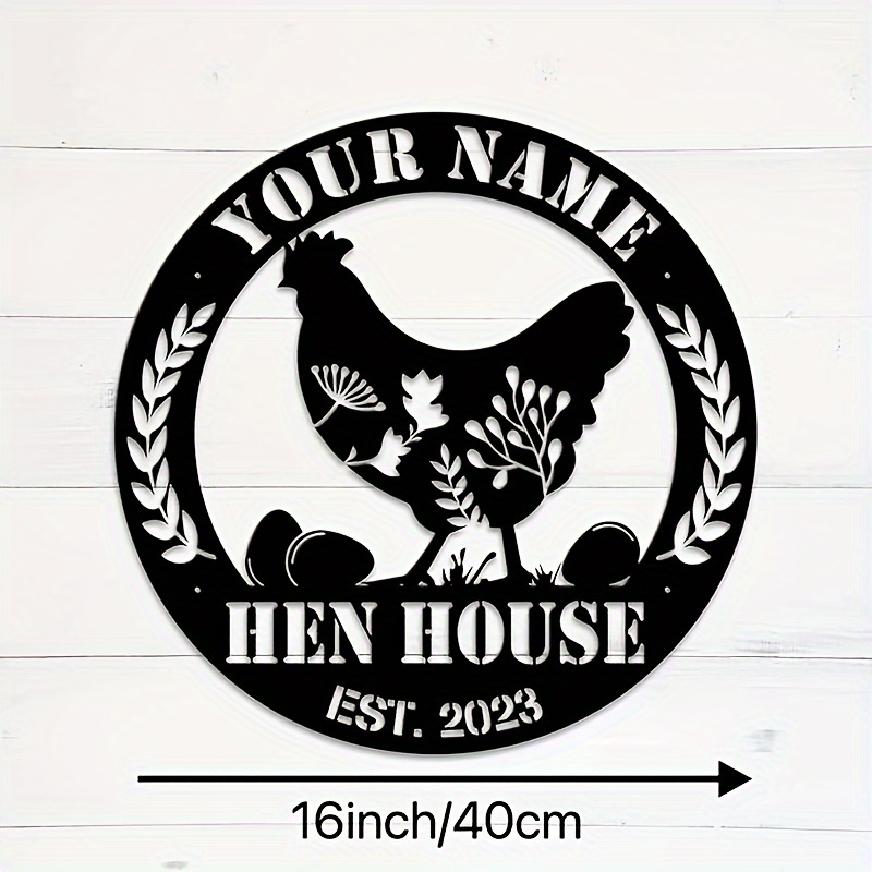TEMU Personalized "your Name" Chicken Coop Sign - Rustic Black Metal Farmhouse Decoration Featuring Rooster And Hen , Lawn And - Suitable For Outdoor