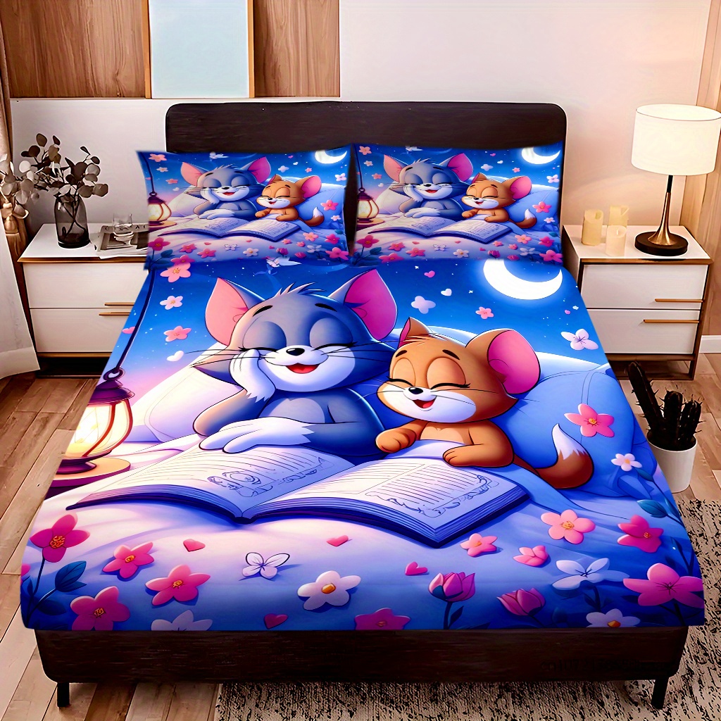 3pcs Warner Bros Tom and Jerry Cartoon Fitted Sheet Set - Vibrant HD Printing, Deep Pocket Design Soft and Cozy Bedding for Home Dorm, Double bed Single bed Includes 1 Fitted Sheet and 2 Pillowcases Without Pillow Insert