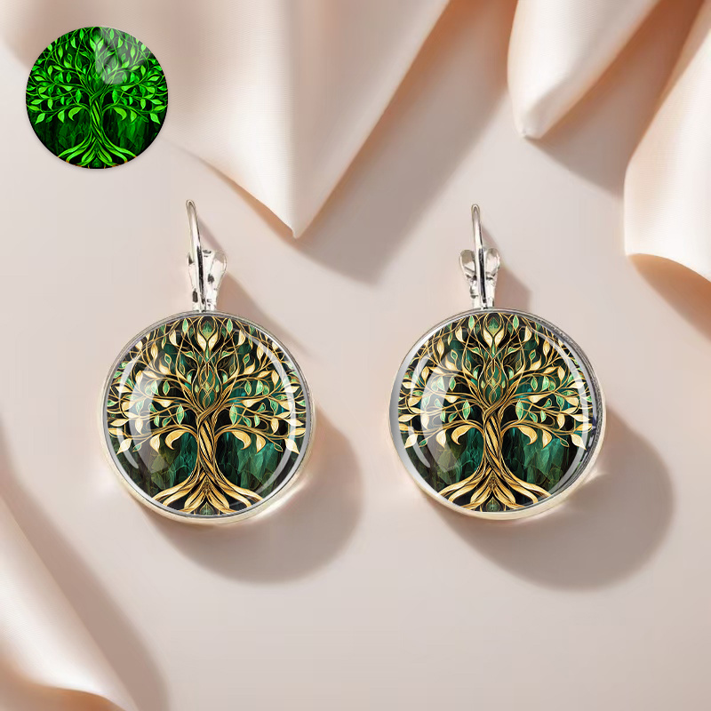 TEMU Golden And Tree Earrings, Available In Fluorescent And -the-dark Styles, Made Of Alloy With Glass Inlays, For Women, Suitable For Everyday Wear