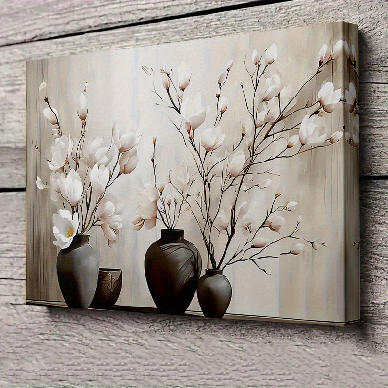 TEMU 2d Flat, 2d Flat, 1pc Framed Canvas Painting, "modern Minimalist Branches In Dark Ceramic Vases - Home Decor Set Of 7.62cm 29.97x39.88 Cm /