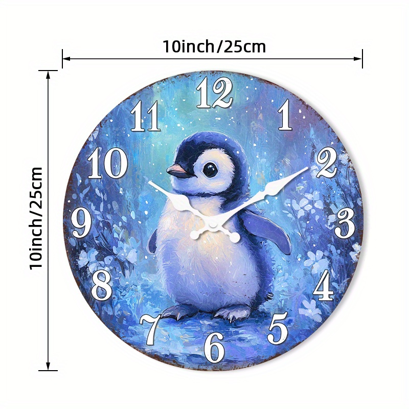 TEMU 1 Stück Wanduhr, Nicht , Holz, Runde Uhr mit Pinguin in Schneelandschaft Design für Esszimmer, Flur, Arbeitszimmer, Home Office, Balkon 10" 12"