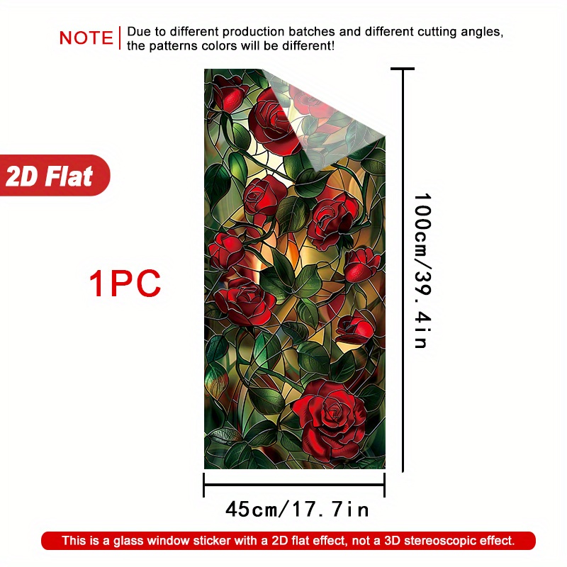 TEMU 2d Flat - 2d Flat - 1pc Of 2d Pvc Red Rose Window Sticker Featuring Green Leaves On A Stained Glass Backdrop. It Adheres Without Glue, Is Heat