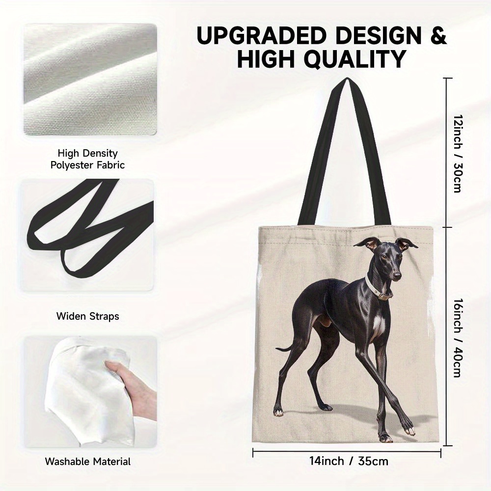 TEMU 1pc Chic Greyhound Print Reusable Grocery Tote Bag - Lightweight Foldable Durable Polyester, Stylish Rectangular Design For Women, Shopping