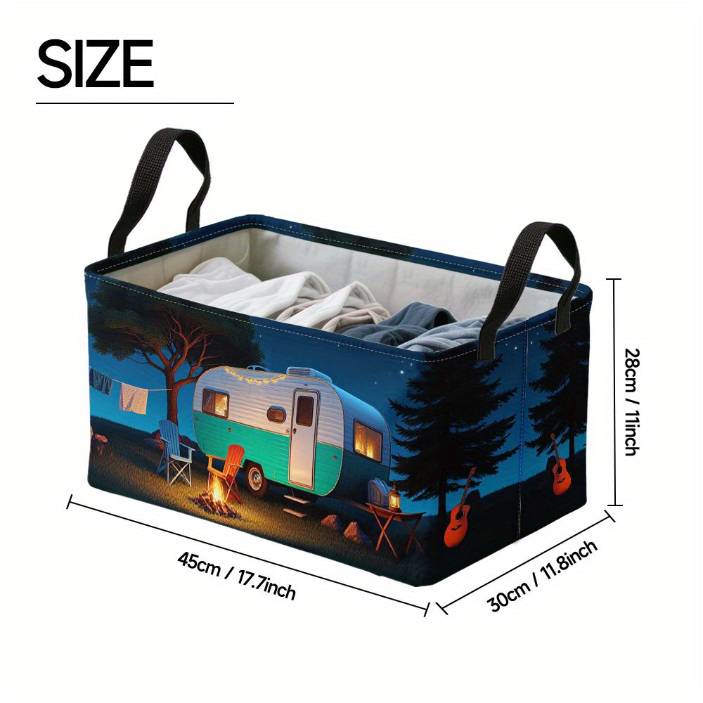 TEMU 1pc Grand Bac de Rangement Oxford Pliable avec Cadre Métallique Robuste - Impression Paysage Guitare Camping , Panier en Polyester Contemporain