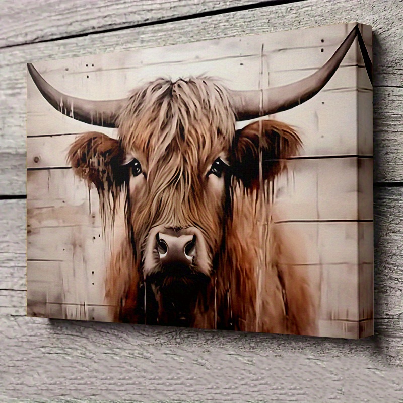 TEMU 2d Flat, 1pc Highland Cow Framed Canvas Painting - Scottish Cow Wall Art Suitable For Modern Or Traditional Decor, Vertical Hook Mount, Textured