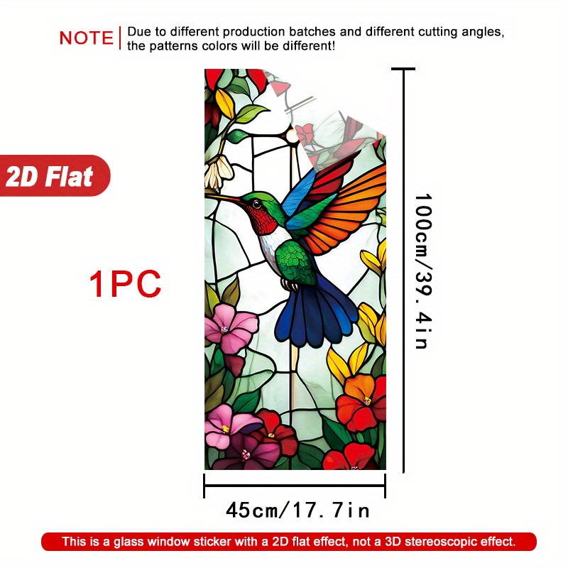 TEMU 1 Roll 2d Hummingbird Floral Stained Glass Window Film, 45×100cm, Frosted Pvc Material, Electrostatic Adhesive Decorative Window Cling, Glass