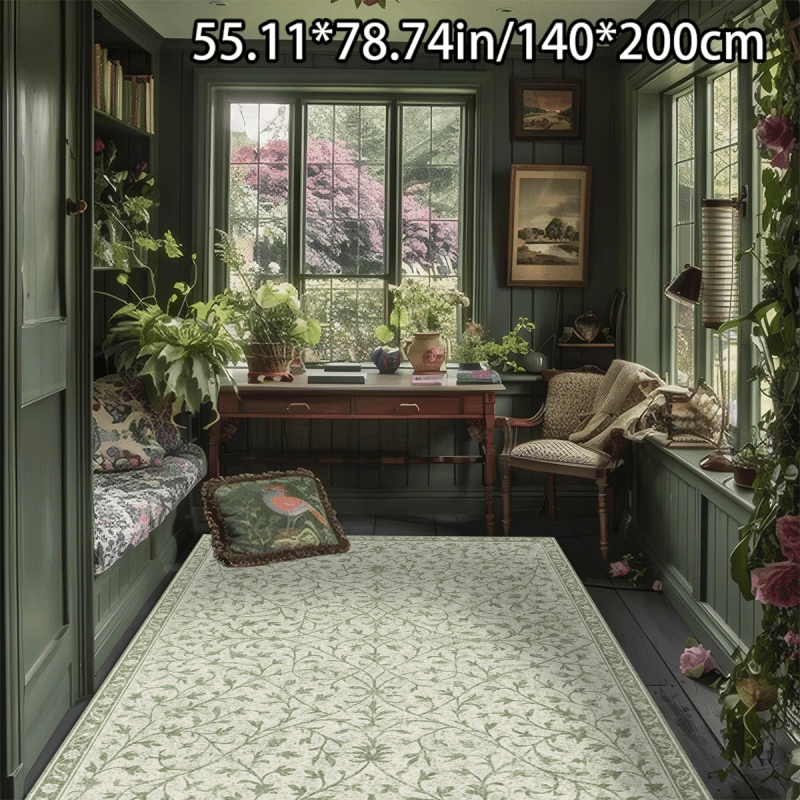 TEMU [launch ][soft Plush   Dotted Plastic Base]1pc Soft Plush European Style Green Floral Line Pattern Carpet For Home Decor, Versatile And