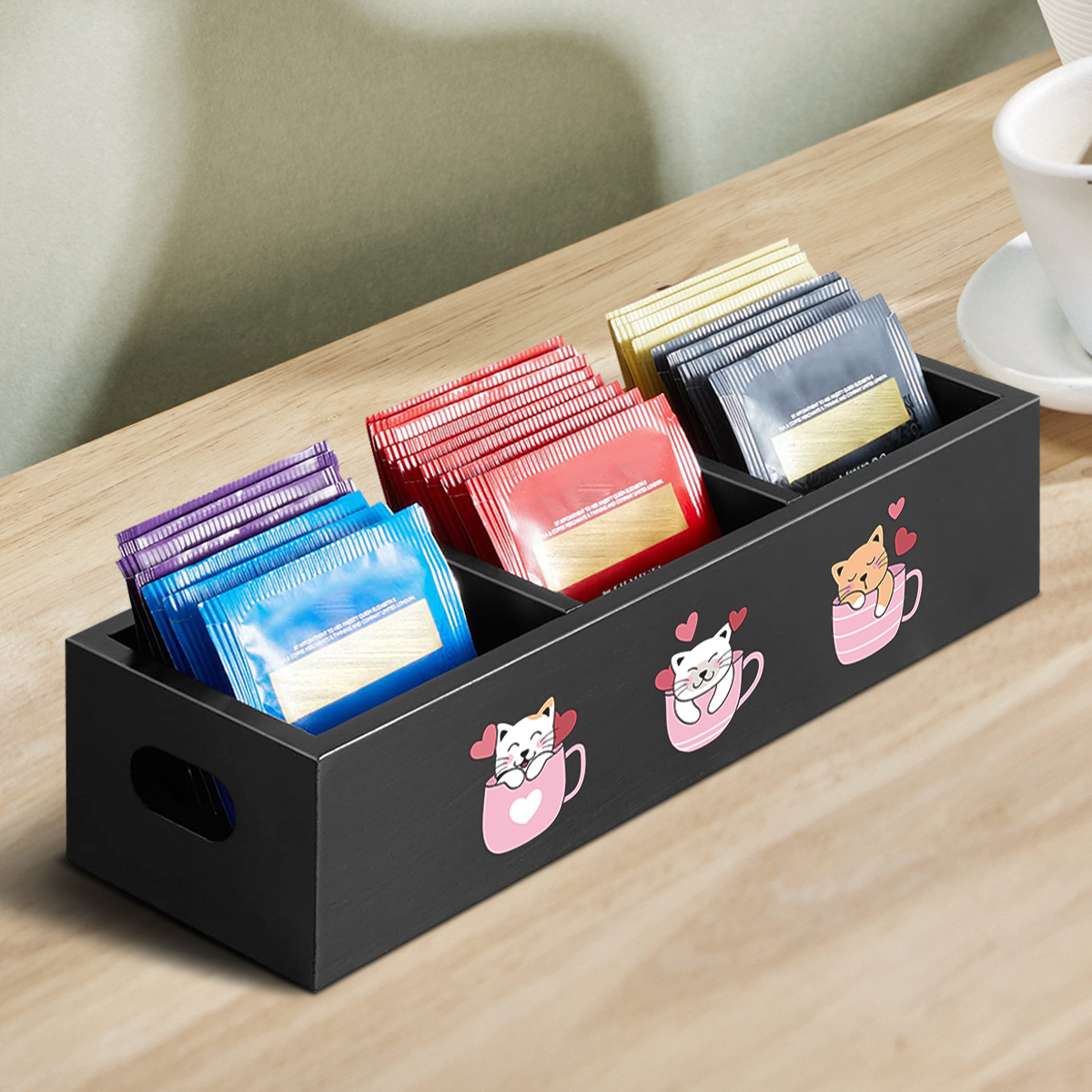 TEMU 1pc Wooden Storage Box With 3 Compartments - Can Hold Tea, Coffee, Sugar Bags, Small Desktop Items, Desktop Ornaments, No Power Supply Required,