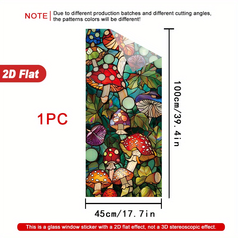 TEMU 2d Flat - 2d Flat - 1 Roll 2d Mushroom Stained Glass Pattern Window Film 45 X 100 Cm, Frosted Pvc Material, Electrostatic Adsorption Decorative