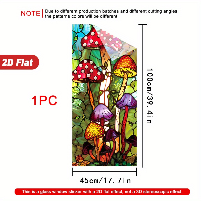 TEMU 2d Flat - 2d Flat - 1pc Colorful Mushroom Stained Glass Pattern 2d Window Film. Pvc Static Cling , 45x100 Cm. Home Art Decoration, Removable,