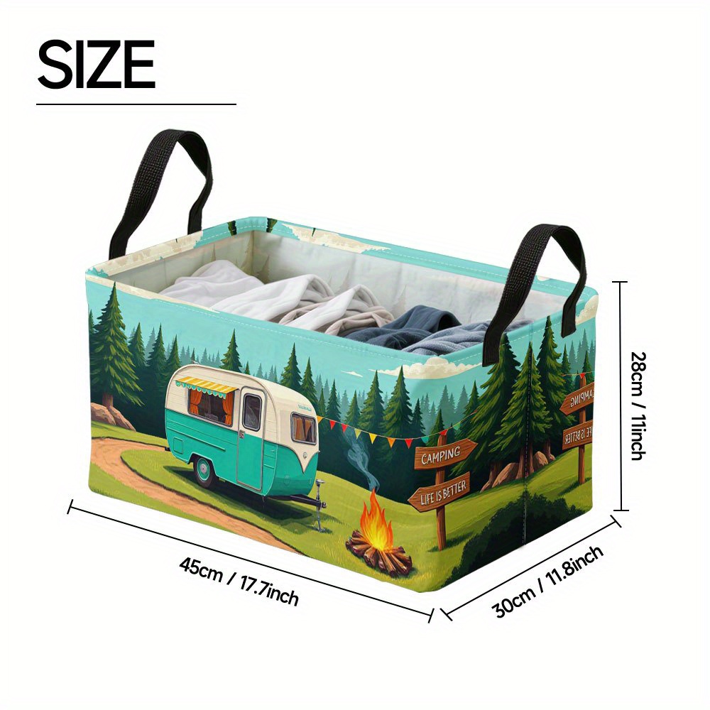 TEMU 1pièce Extra Large Camping Cartoon Trailer Art Pattern Square Storage Basket, Panier de rangement carré pliable avec cadre en métal, Panier de