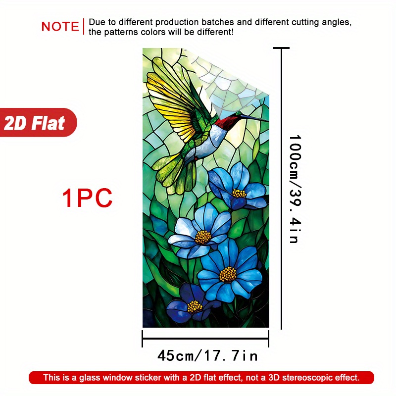 TEMU 2d Flat - 2d Flat - 1pc Of 2d Pvc Window Sticker Featuring A Hummingbird And Floral Stained . It Adheres Without Glue, Is Heat Resistant, And