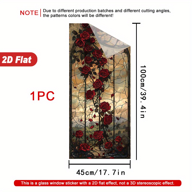 E-shop 2D Flat - 2D Flat - 1 Rolle 2D Rote Rosen Buntglas Fensterfolie, 45 x 100 cm, Mattierendes PVC-Material, Elektrostatische Adsorption Dekorative
