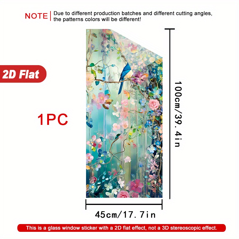 TEMU 1 Roll 2d Bird Perched Amidst Colorful Flowers Window Film, 45×100cm, Frosted Pvc Material, Electrostatic Adhesive Decorative Sticker For Home,