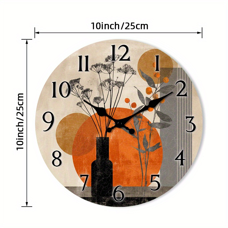 TEMU 1pièce Horloge murale en bois - Non-tic, Design avec accents orange et noir, Horloge ronde de 10"/12"/14"/16" pour salon, chambre, cuisine,
